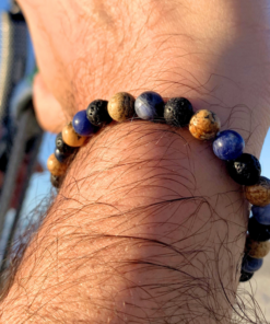 Bracelet en perles de Jaspe paysage, pierre de lave et sodalite