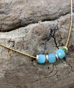 Collier perles pierres et acier doré Amazonite